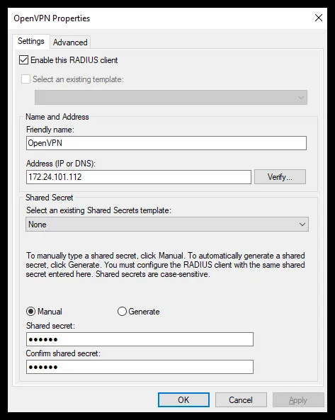 Cliente RADIUS apuntando a OpenVPN Server
