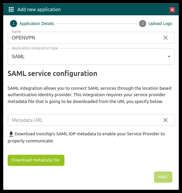 Ventana de nueva aplicación con tipo SAML