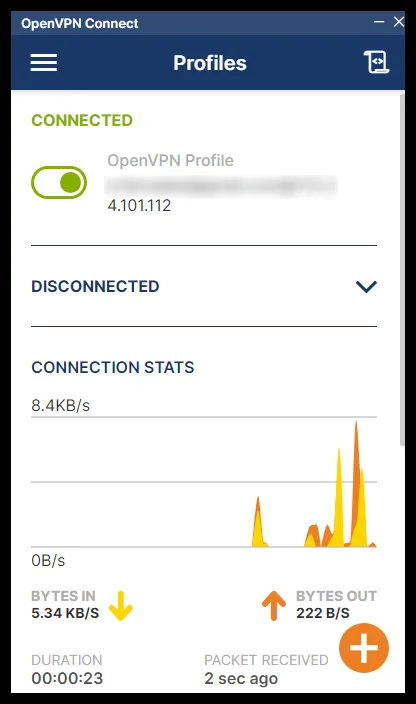 Conexión establecida en el cliente de OpenVPN