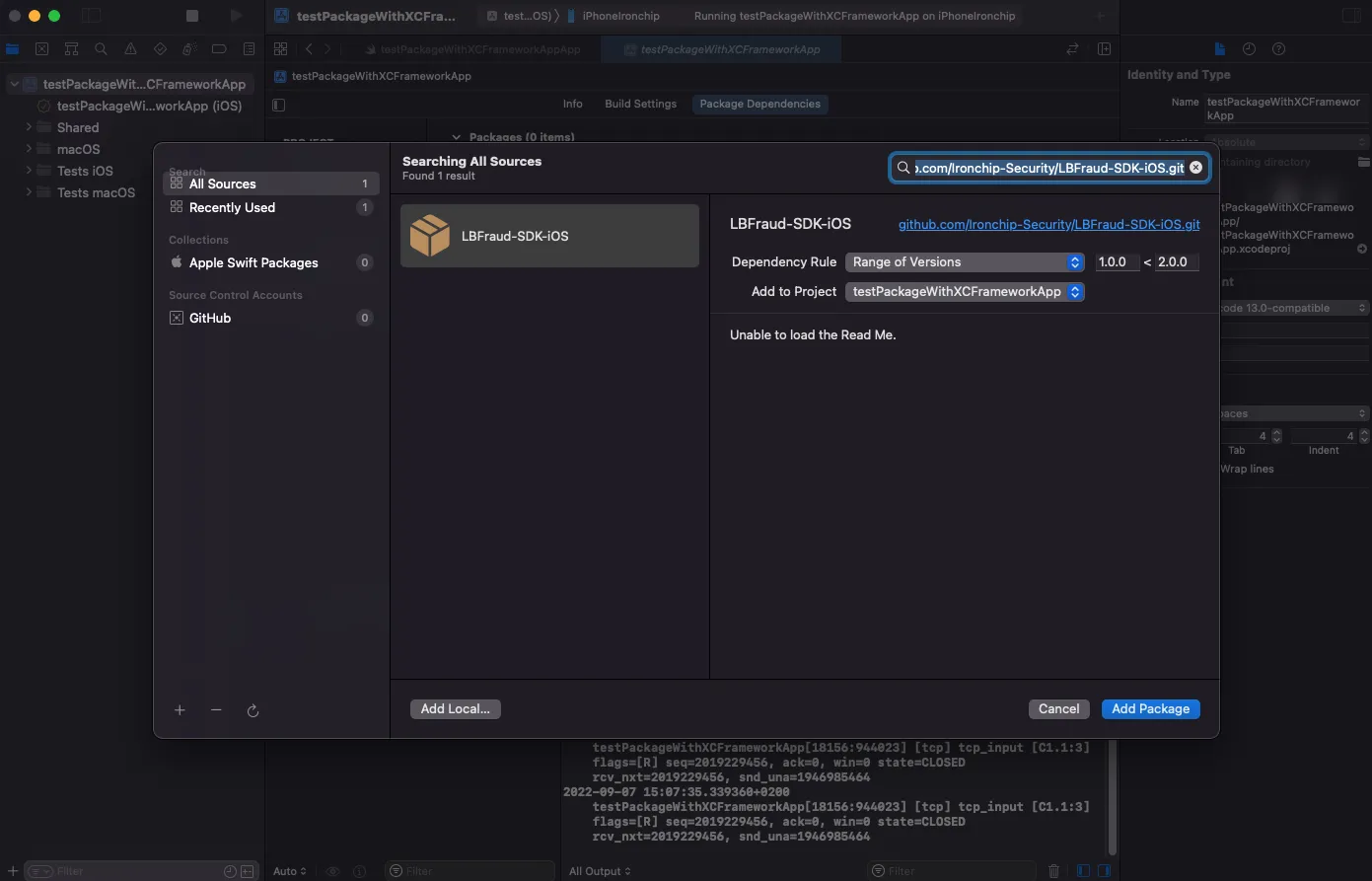 Ventana de Xcode para añadir el paquete LBFraud con la regla de dependencia