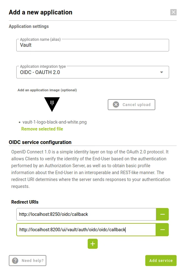 Custom OIDC application form with the redirect URIs