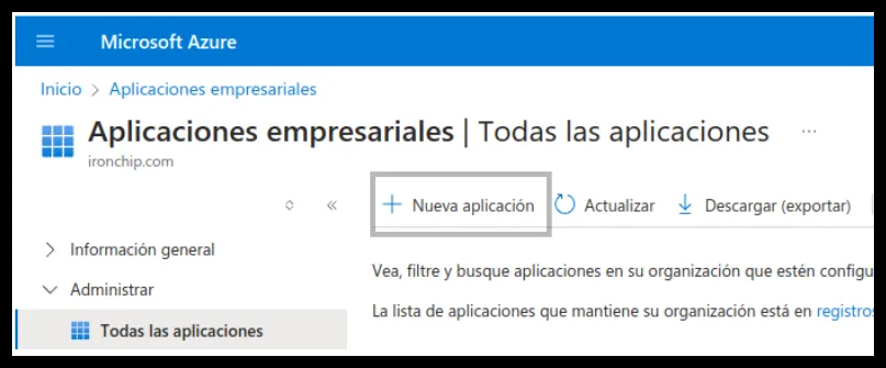 Lista de aplicaciones empresariales en Entra ID con el botón de nueva aplicación