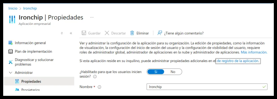 Propiedades de la aplicación empresarial con el enlace al registro de la aplicación