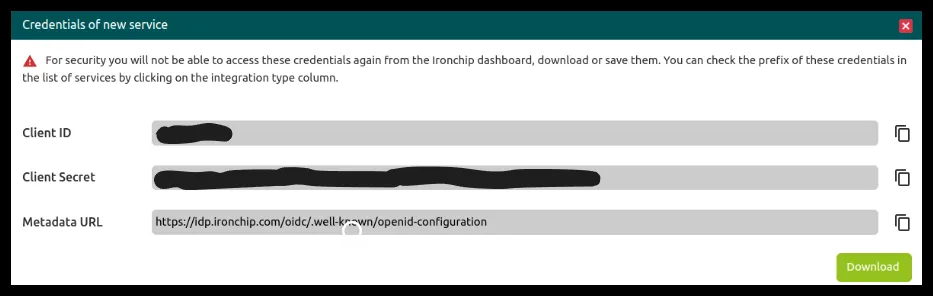 Credenciales de la nueva aplicación en Ironchip: Client ID, Client Secret y Metadata URL