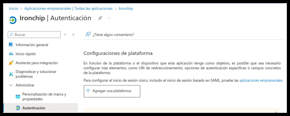 Menú Autenticación con la opción Agregar una plataforma