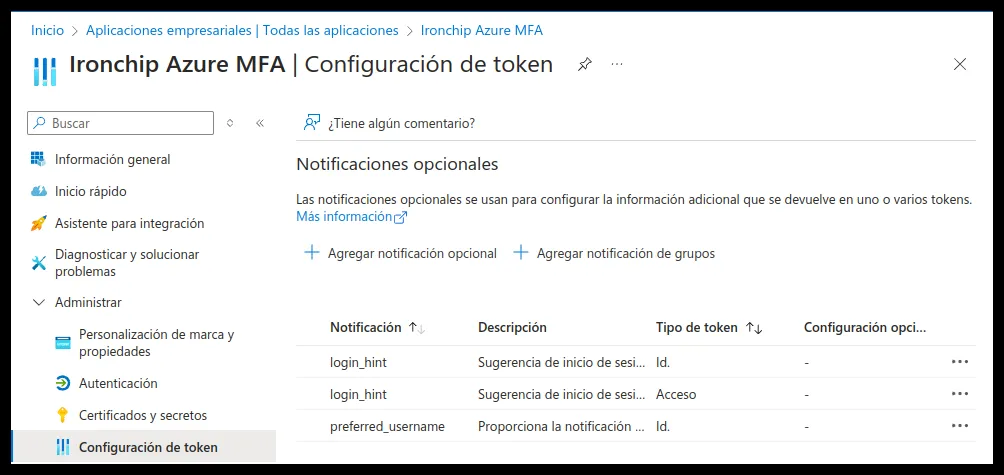 Configuración de token con las notificaciones opcionales login_hint (Id. y Acceso) y preferred_username (Id.)