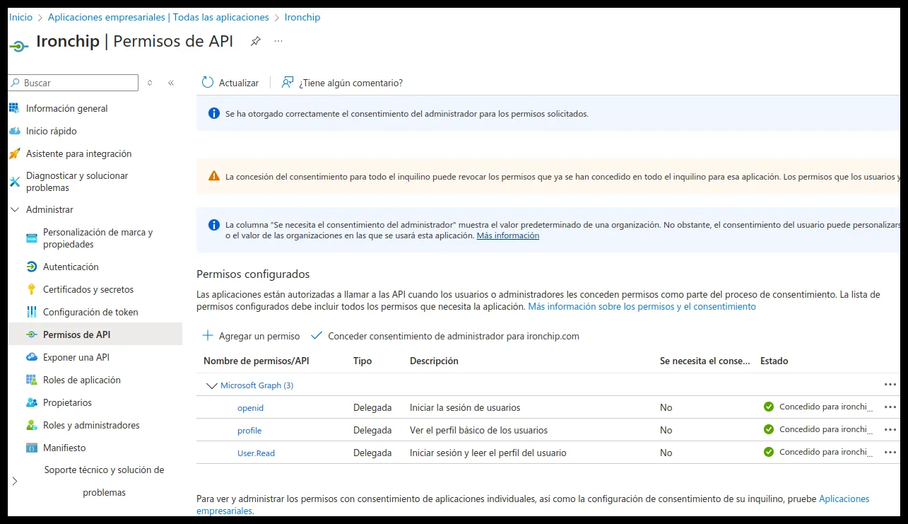 Permisos delegados de Microsoft Graph openid, profile y User.Read con el consentimiento concedido