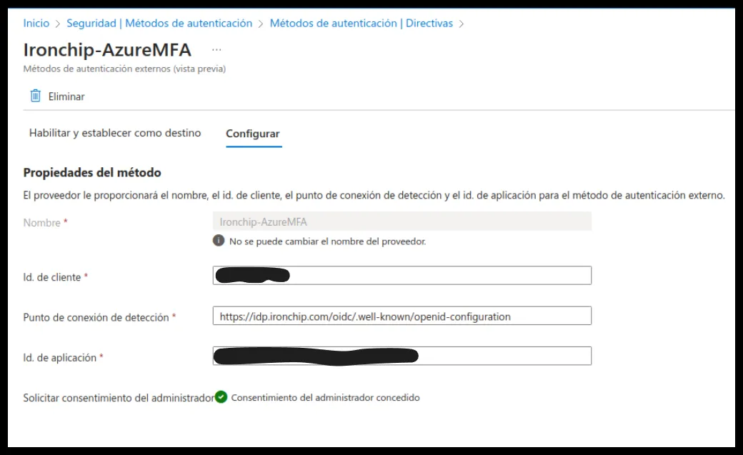 Propiedades del método externo con el nombre, el id. de cliente, el punto de conexión de detección y el id. de aplicación