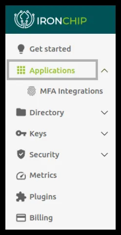 Menú lateral de la consola de Ironchip con Applications seleccionado