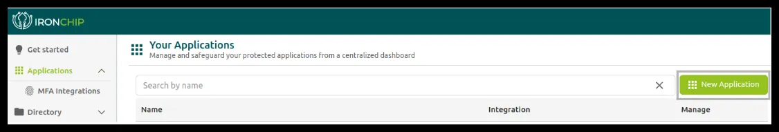 Lista de aplicaciones de Ironchip con el botón New Application