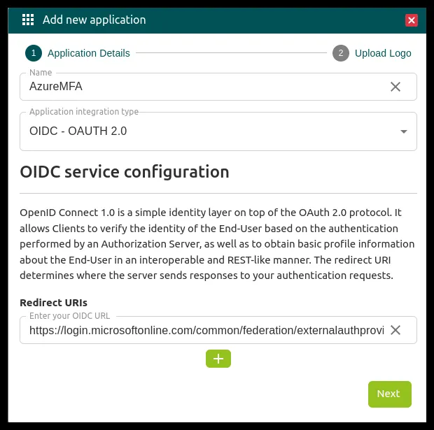 Formulario Add new application con el tipo OIDC - OAUTH 2.0 y el URI de redirección de Microsoft