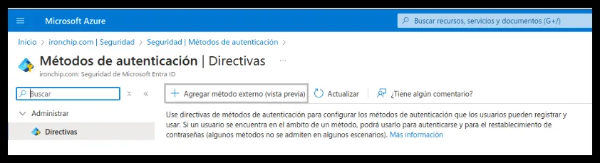 Métodos de autenticación con la opción Agregar método externo