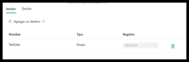 Pestaña Incluir del método externo con el grupo TestUser como destino