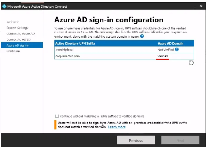 Paso Azure AD sign-in del instalador con el dominio y su estado