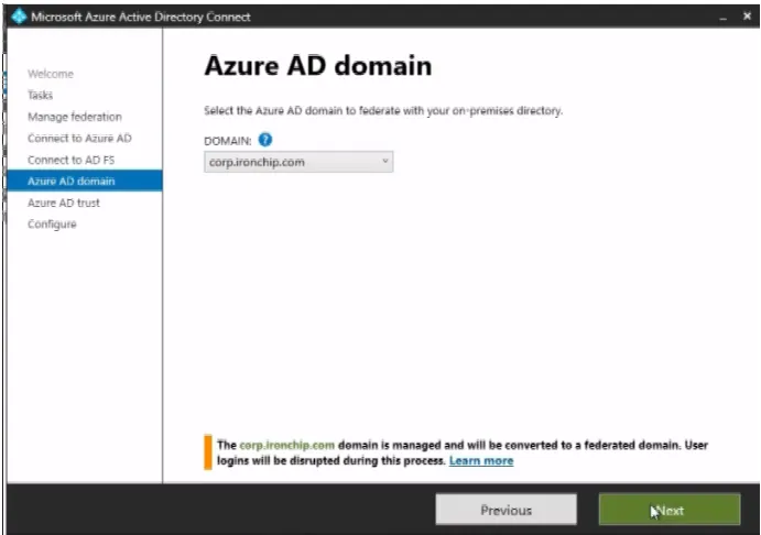 Paso Azure AD domain de Microsoft Entra Connect con el desplegable para elegir el dominio que se federa