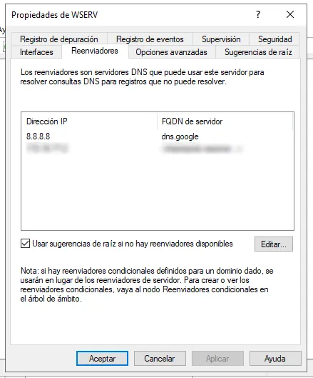 Pestaña Reenviadores con los servidores DNS externos añadidos
