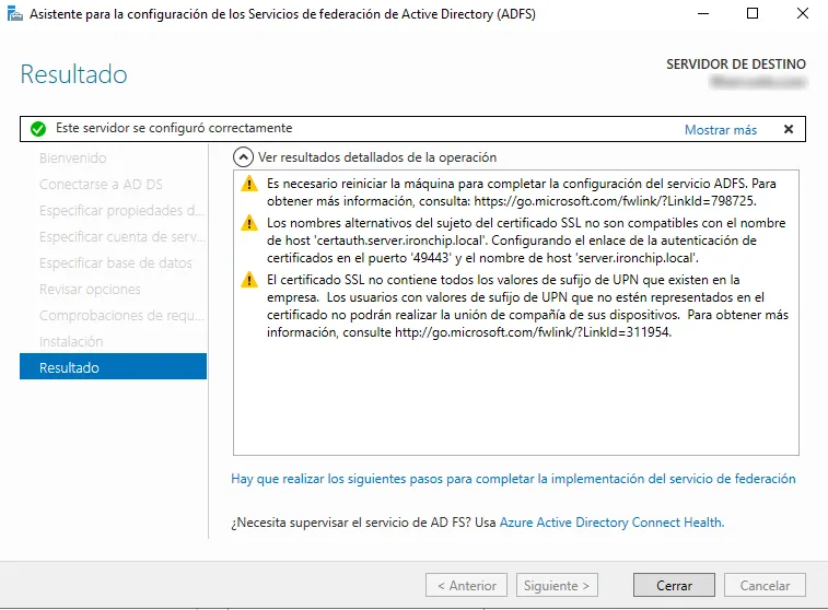 Página de resultados del asistente de configuración de AD FS