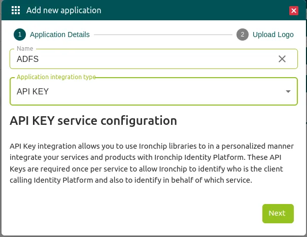 Formulario de nueva aplicación con el tipo API Key seleccionado