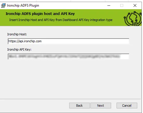 Instalador del plugin de ADFS con los campos Ironchip Host e Ironchip API Key