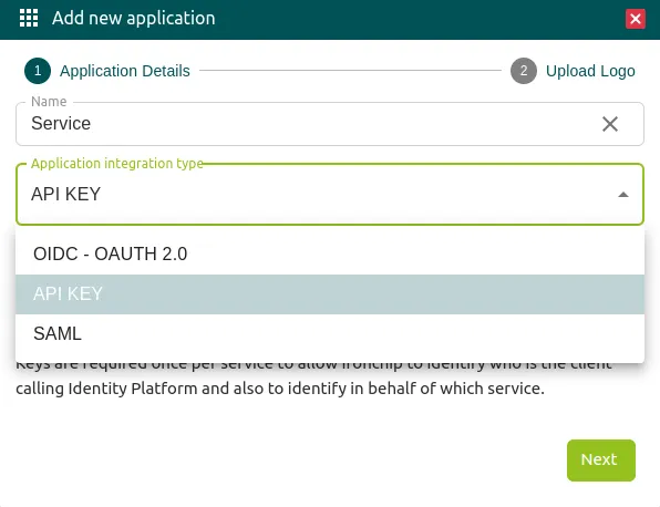 Add new application window with the name and the integration type dropdown