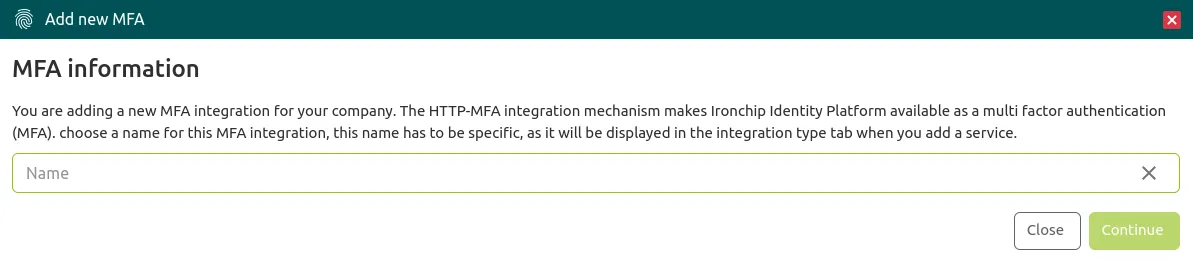 Add new MFA window with the Name field