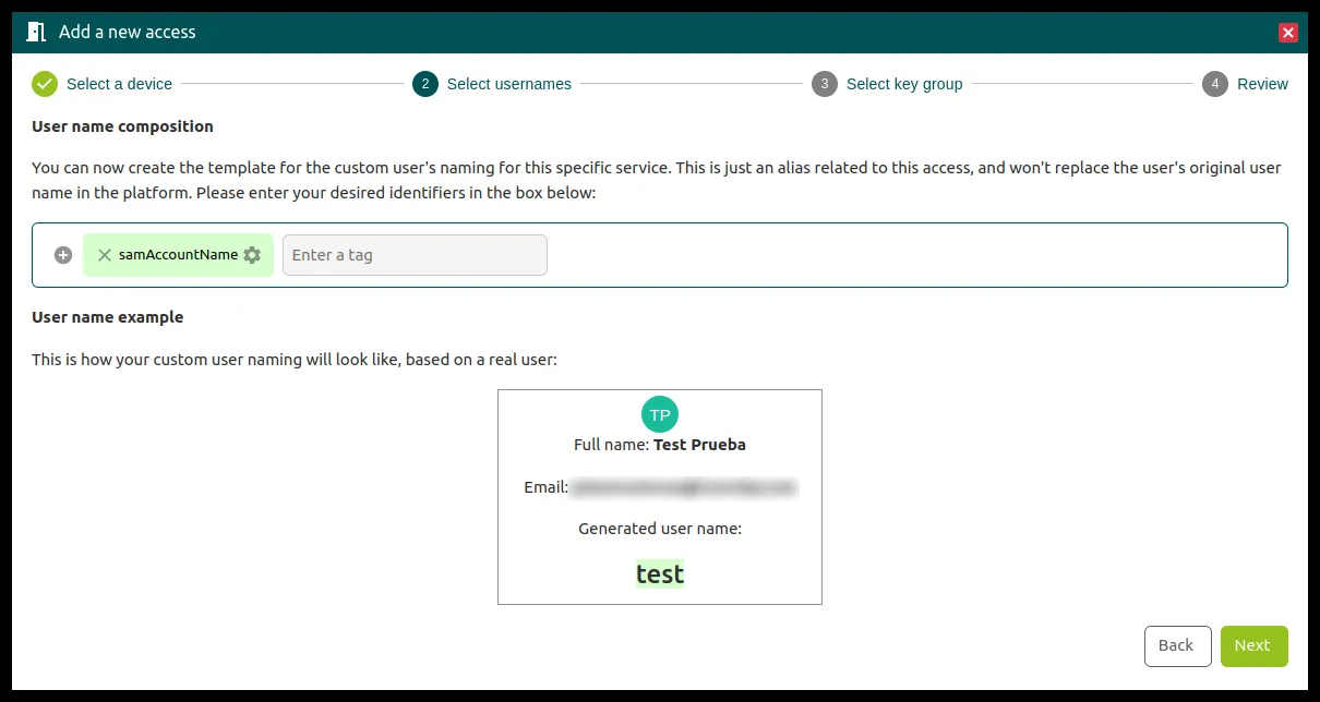 Campo User Name con la etiqueta samAccountName