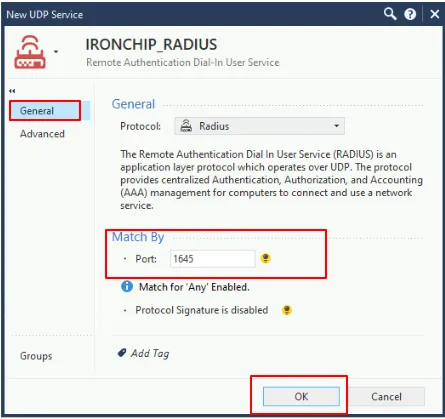 Propiedades generales del servicio RADIUS: nombre, protocolo y puerto