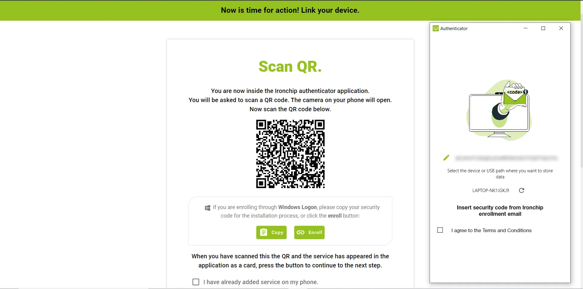 Security code copied and entered in the desktop application