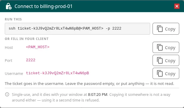Ventana Connect con la orden ssh, y el host, el puerto y el usuario para rellenar el cliente