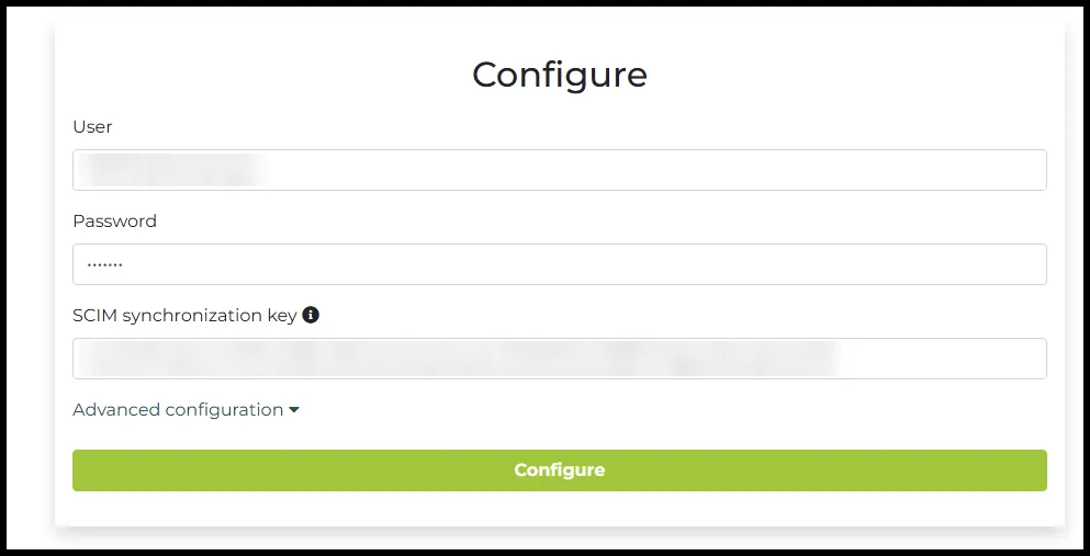 AD Connect Configure form with the user, the password, and the SCIM synchronization key