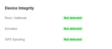 Device Integrity block in the console with Root / Jailbreak, Emulator, and GPS Spoofing