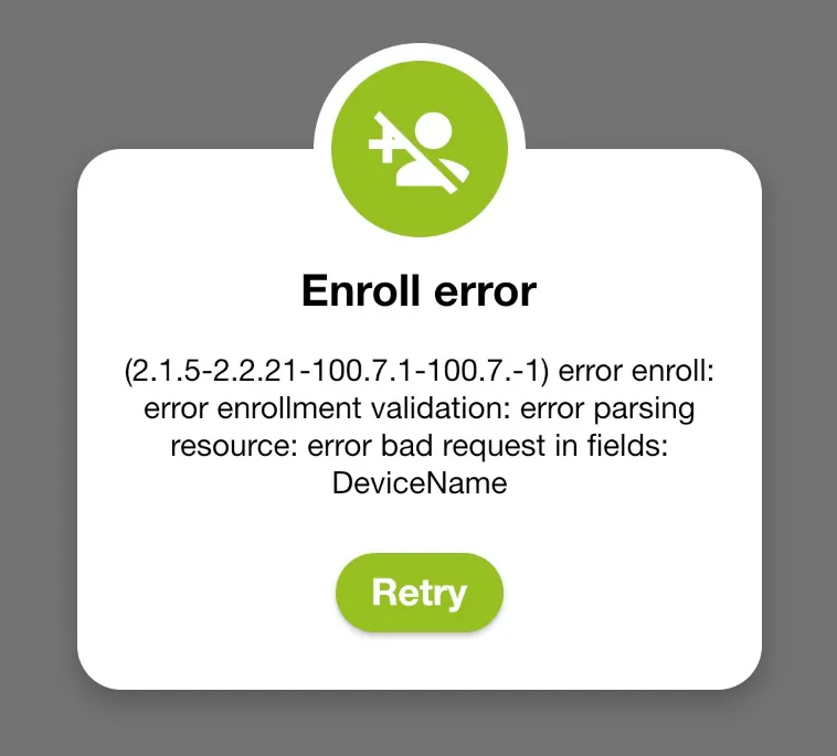 Enroll error de la aplicación por un nombre de dispositivo (DeviceName) no válido