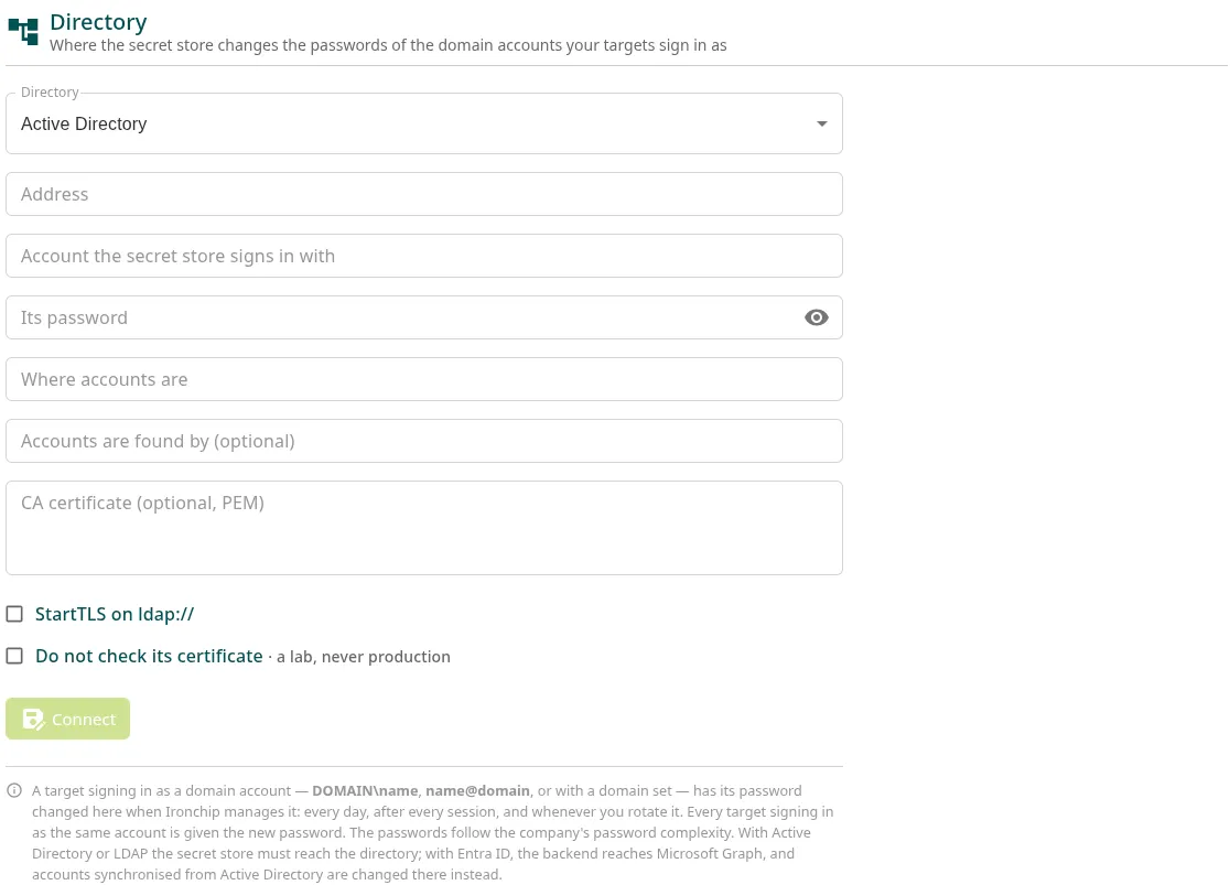 Página Directory con el tipo de directorio, la dirección, la cuenta de servicio y dónde están las cuentas