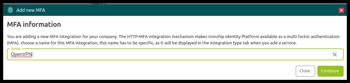 Creación de la integración MFA con el nombre OpenVPN