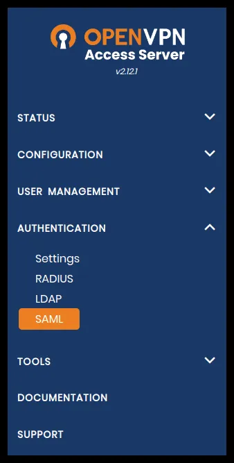 Apartado Authentication > SAML en OpenVPN