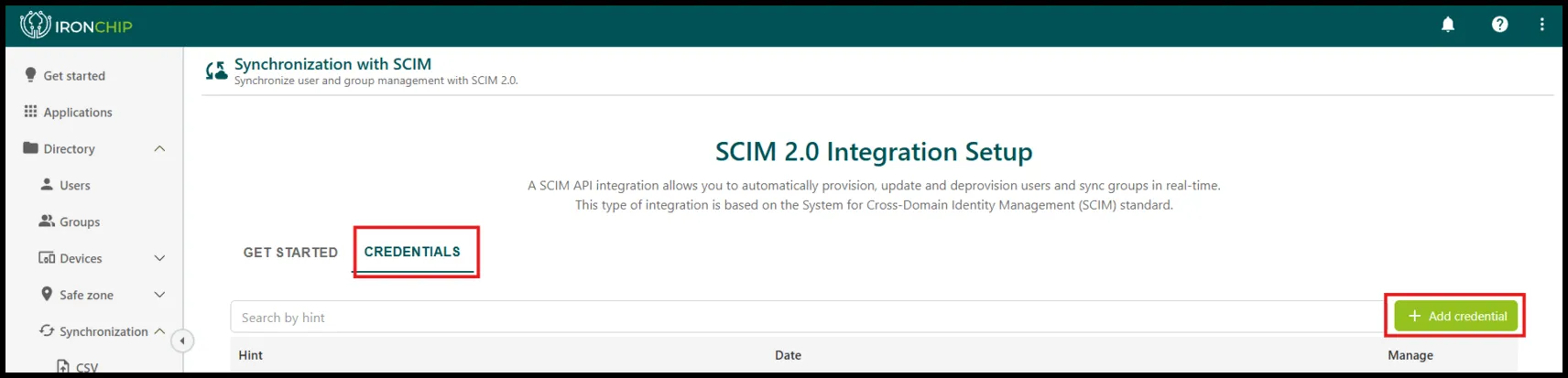 Pestaña Credentials de la configuración SCIM con el botón Add credential