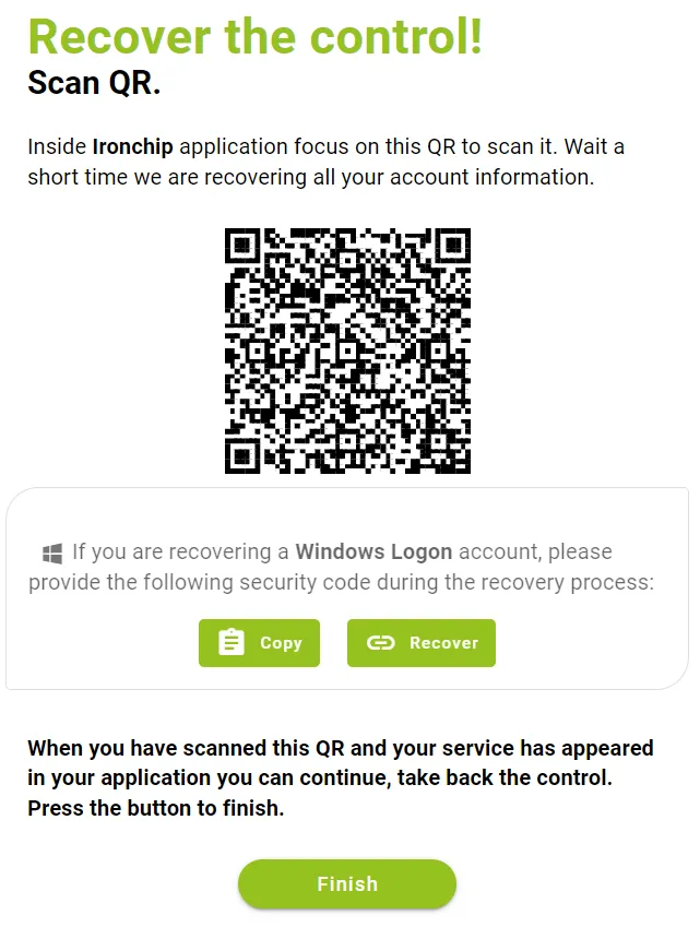Recovery window with the QR code to scan with the phone