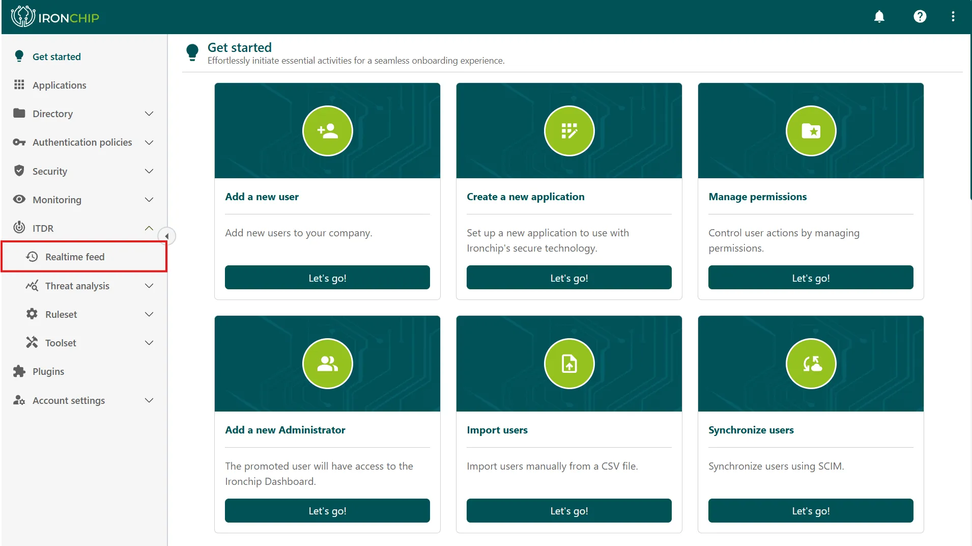 Opción Realtime feed dentro del menú ITDR