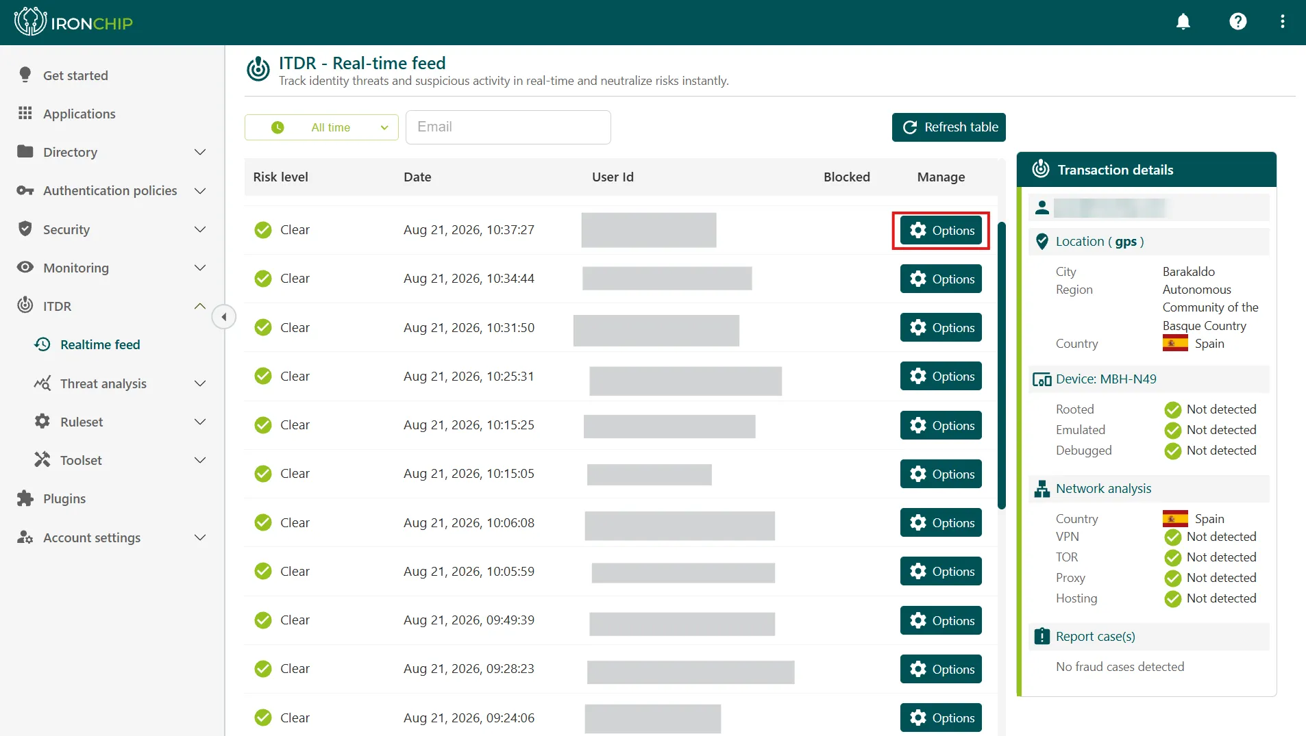 Feed en tiempo real con el botón Options de un evento y el panel Transaction details