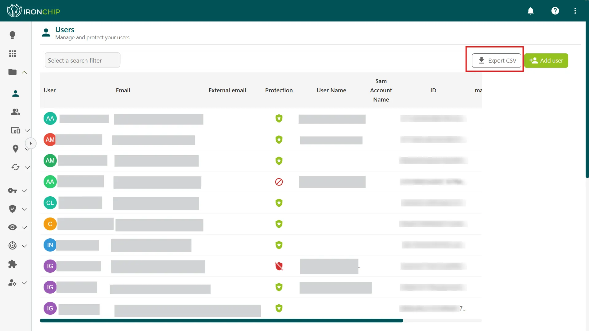Export CSV button of the user list