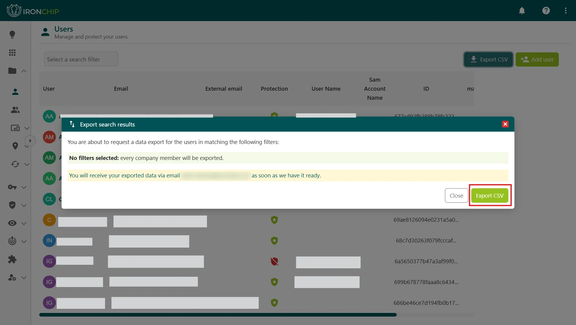 Export window with the Close button