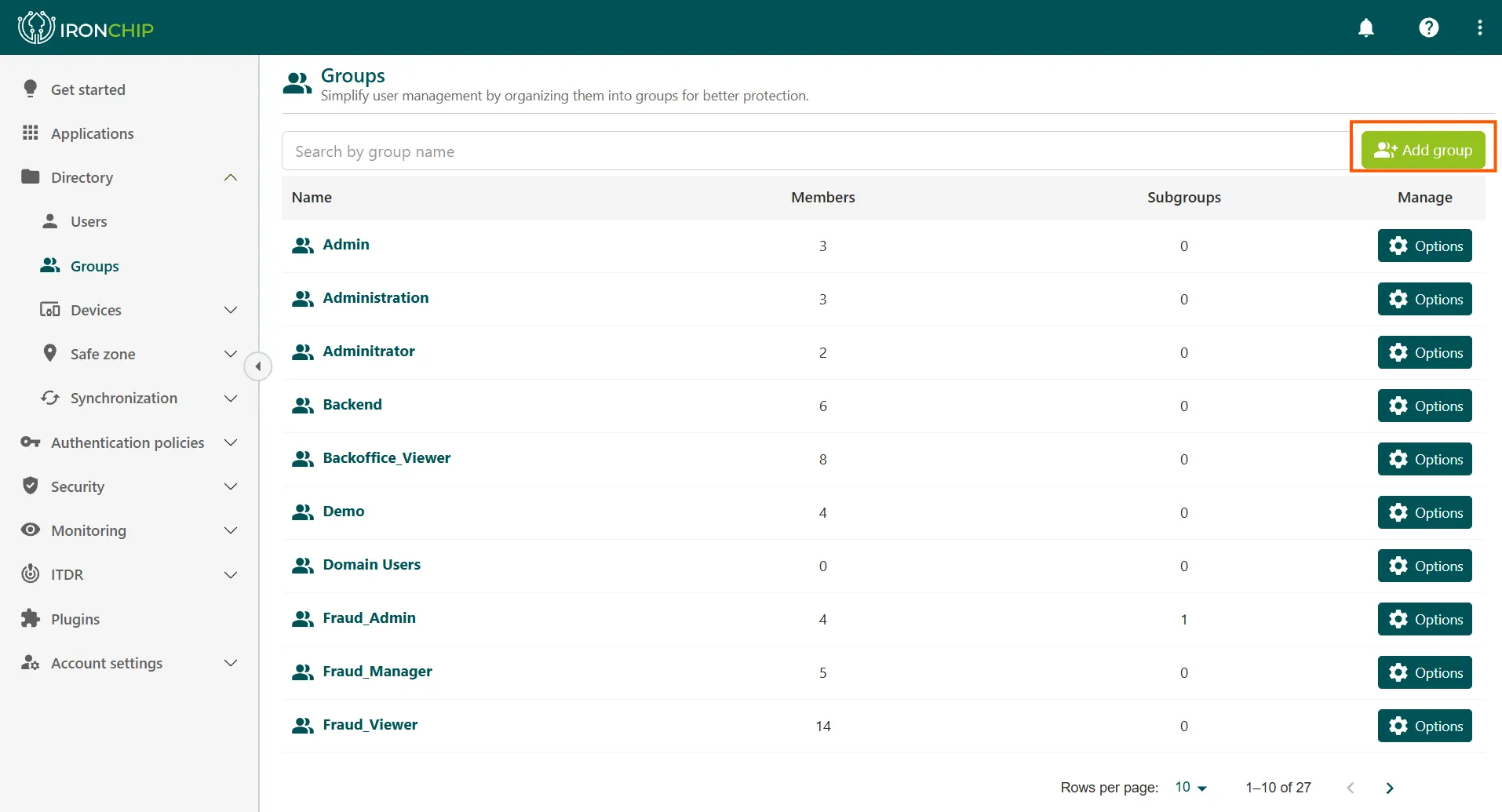 Group list with the Add group button highlighted