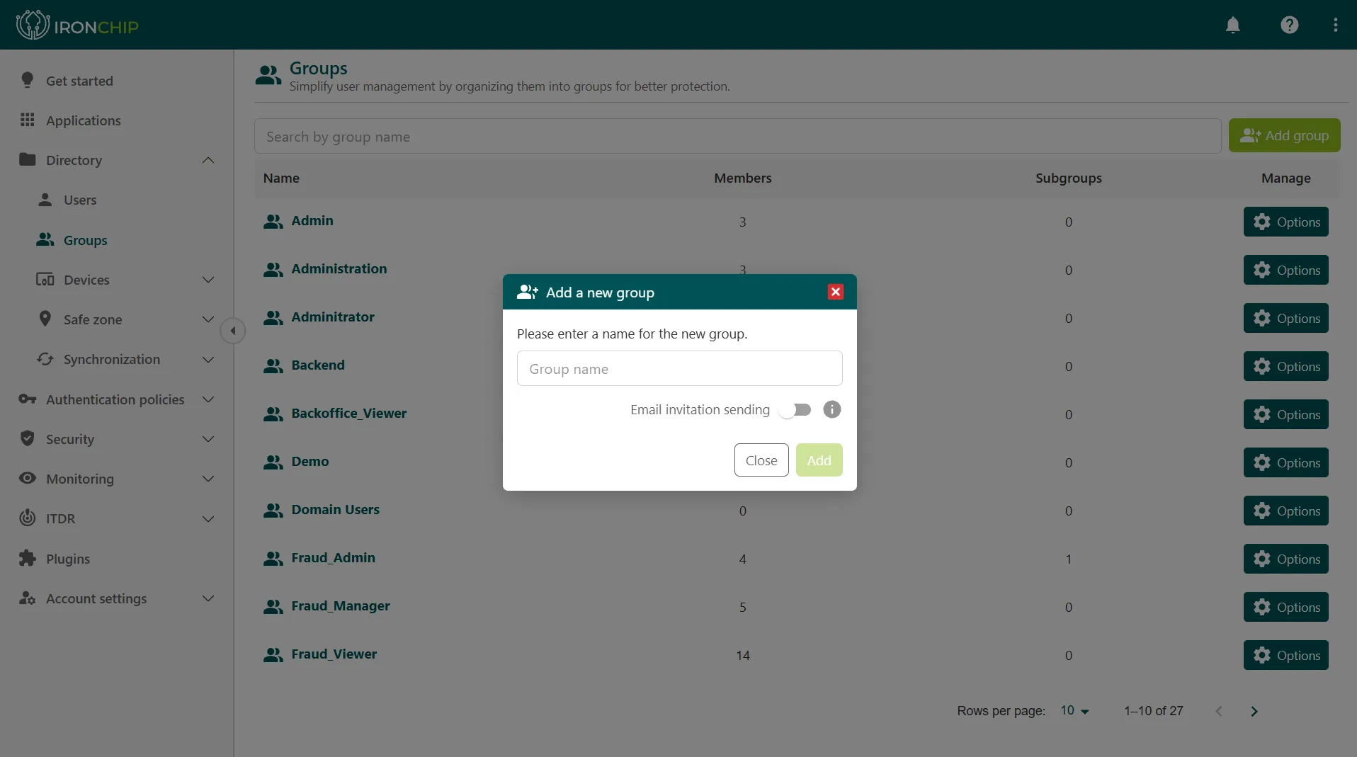 Add a new group window with the Group name field and the Email invitation sending switch