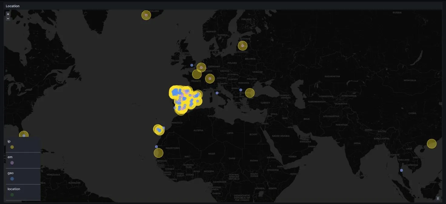 Mapa geográfico con la ubicación de las transacciones listadas