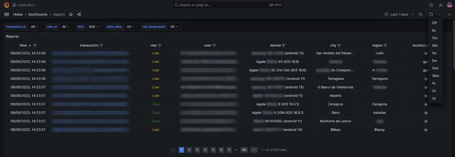 Menú desplegable del intervalo de actualización automática
