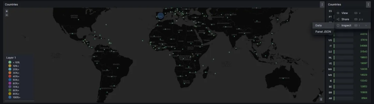 Menú del módulo Countries con la opción Inspect > Data