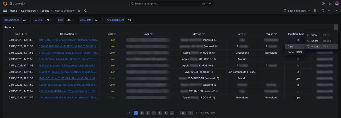Menú del módulo Reports con la opción Inspect > Data