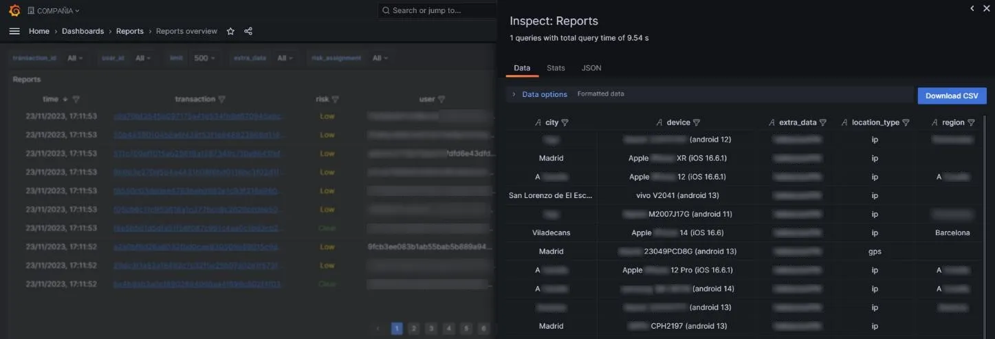 Ventana Inspect: Reports con la pestaña Data y el botón Download CSV