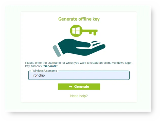 Generate offline key screen with the Windows Username field and the Generate button