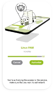 Pantalla de autorización de Linux PAM en la aplicación móvil, con los botones Cancel y Authorize